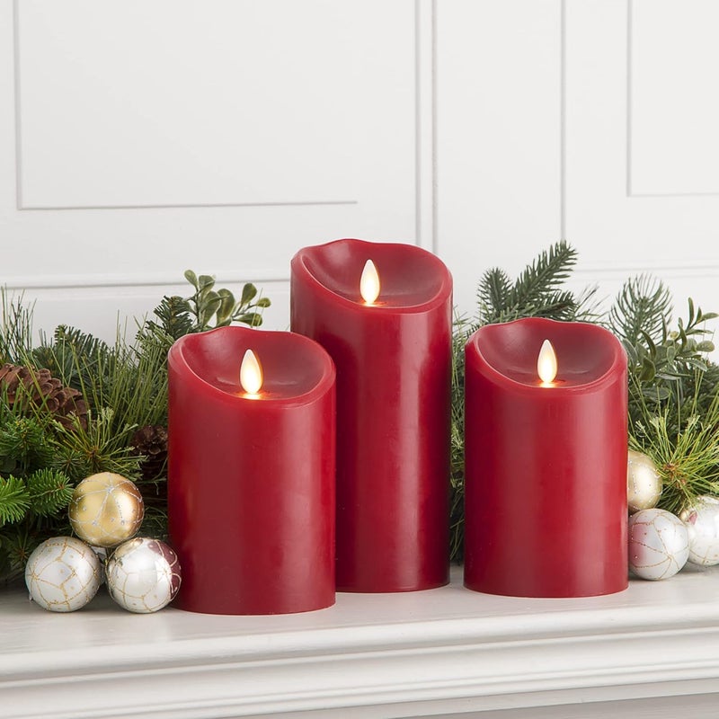 LUMINARA Flameless Flickering Melted Edge Set of 3 Candles, Battery Operated & Timer Function, Remote Included, Unscented Paraffin Burgundy Wax LED Light Pillar, Christmas Holiday Décor - Image 2